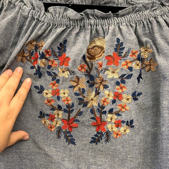 Chambray Light Blue Floral Embroidered OFF Shoulder Mini Dress Denim Cotton L - Picture 7 of 10